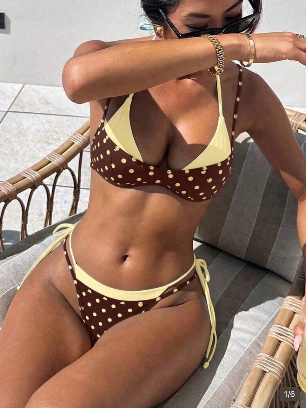 SHEIN Brown Polka Dot Tie-Side Bikini with Cream Trim